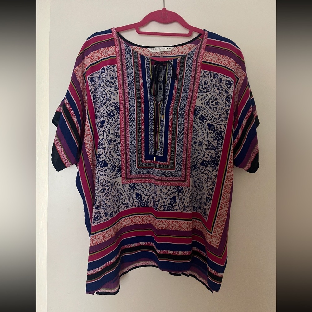 Trina Turk Blue and Pink Dolman Sleeve Tunic XL silk